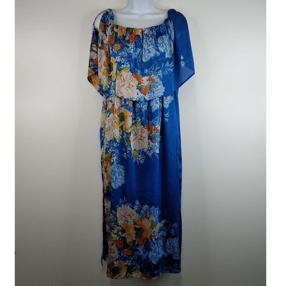 ZARA Cold shoulder Floral Blue Maxi Dress Lined Size L - Picture 1 of 14